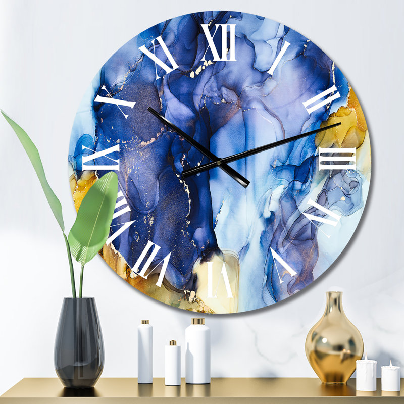 Horloge murale moderne bleue avec art abstrait fluide de luxe III, Moyen