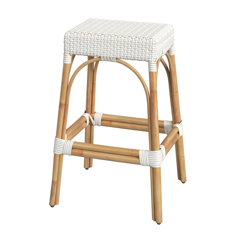 Robias Rattan Bar & Counter Stool, Glossy White/ Natural Rattan Frame, Bar Stool (30" Seat Height)
