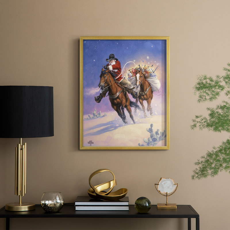 Santa's Big Ride Framed Print - Solid Wood, 21" H x 17" W, Gold