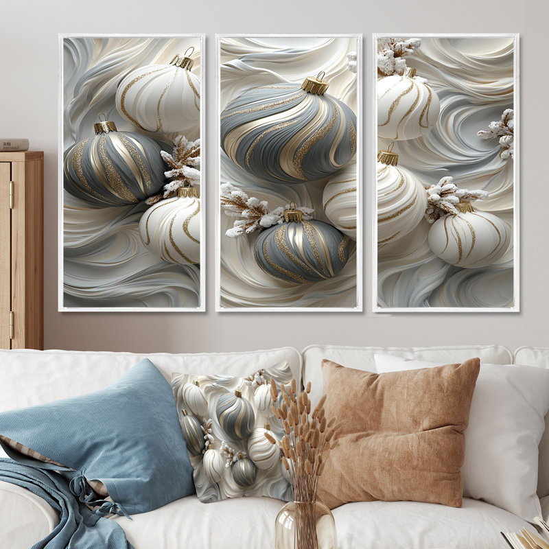 «White and Grey Christmas Peppermint Swirl», ensemble de reproductions d'art mural de Noël, Toile encadrée flottée blanche
