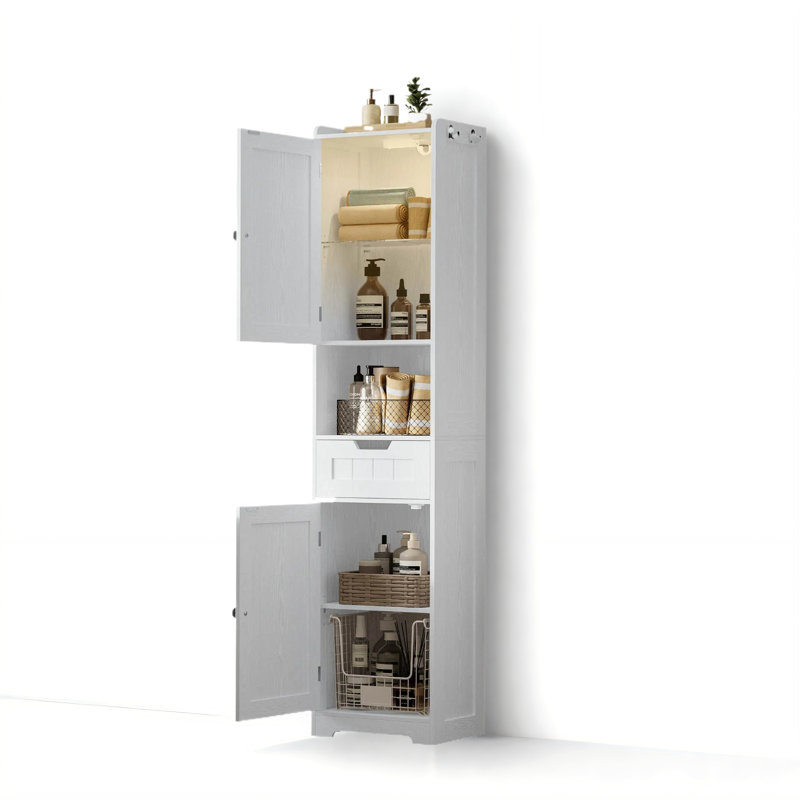 Armoire de salle de bain autoportante 68 po de hauteur 68 po - Éclairage, rangement, portes (bois massif / bambou, 4 finitions)