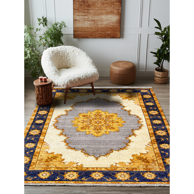 Tapis en coton à imprimé oriental jaune et gris Notton, Rond 3 pi 4 po