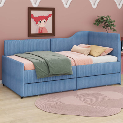 Twin Size L-Shaped Corduroy Daybed,Upholstered Bed Frame With 2 Storage Drawers