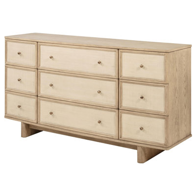 Lno Wide Dresser, 9 Cane Accent Drawers W Brass Knobs, Oak Beige