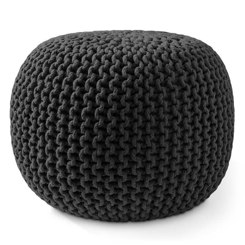  Casafield Round Pouf Ottoman, Cotton Knit Upholstered Footrest - Black, Black