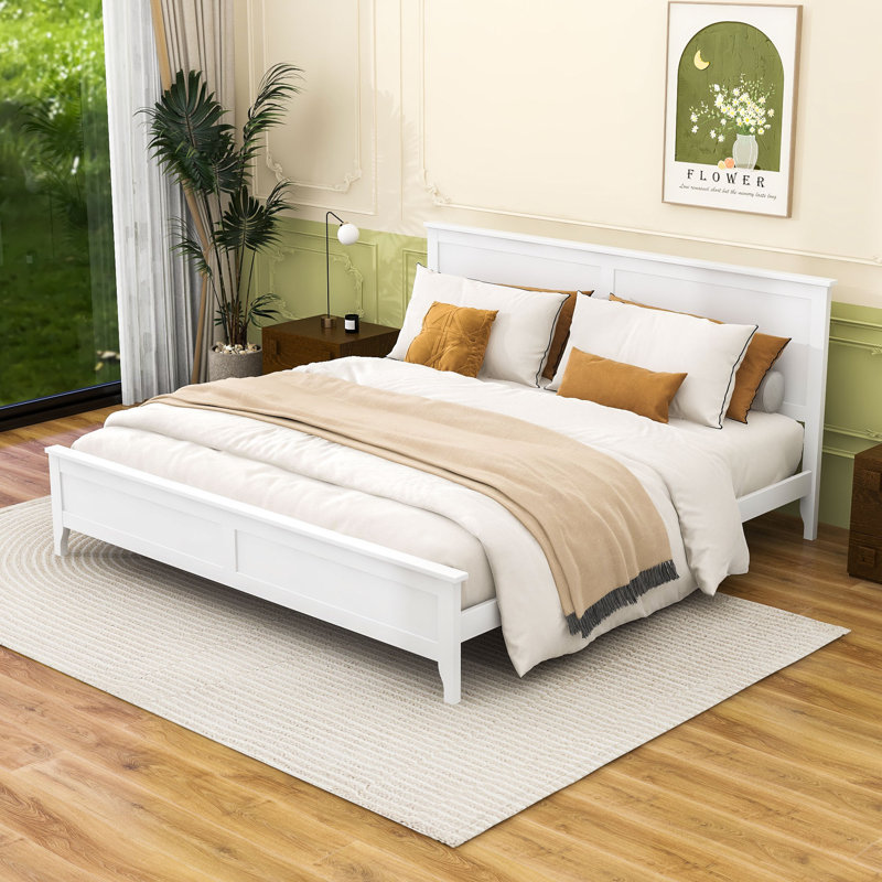 Wooden Platform Bed with Headboard, White, King