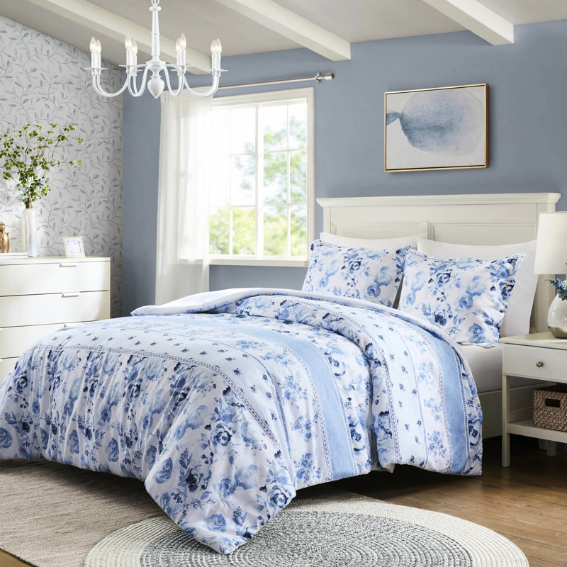 Housse de couette à rayures florales séduisantes en tissu de microfibre, Édredon pour lit double et 2 pièces supplémenta