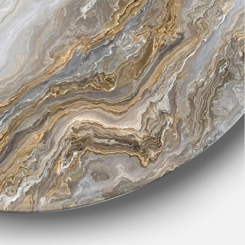 «White Marble with Curley Gray and Gold Veins» - art mural rond en métal, H 23 po x l 23 po