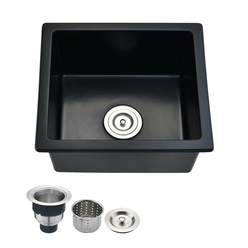 Quartz 18" L X 16" W Undermount Bar Sink With Basket Strainer, Black