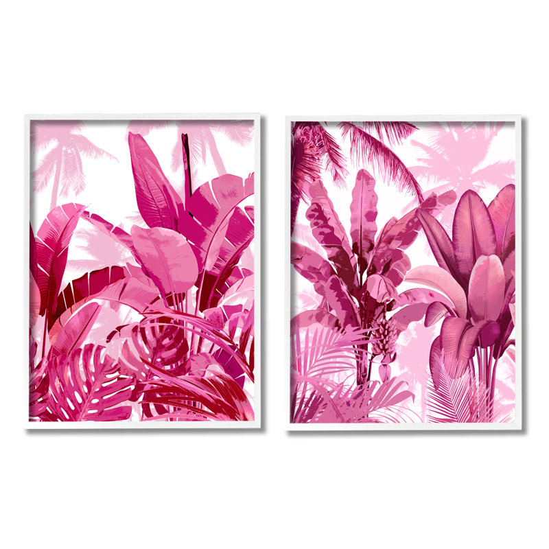 «Pink Palm Tree Leaves», impression sur bois 2 pièces, Giclée encadrée blanc bord de mer, H 20 po x l 32 po x P 1,5 po
