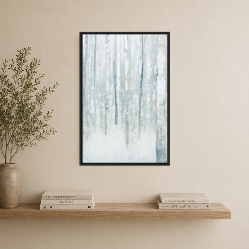 «Birches in Winter Blue Gray» par Julia Purinton - impression sur toile, 36" H x 24" W, Cadre flottant biseauté, Noir