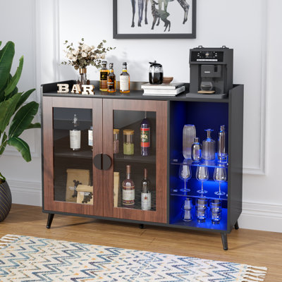 Farmhouse Coffee Bar Cabinet – Stylish Display Cabinet With Remote-Controlled Led Lighting