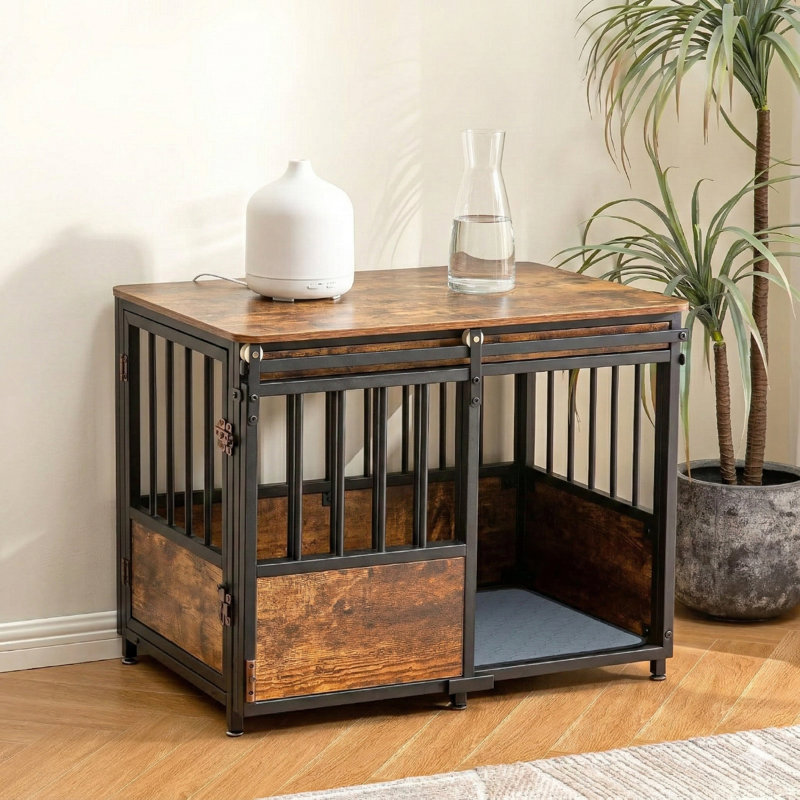 Chenil en bois robuste pour chiens de grande à moyenne taille de 32 pouces, avec coussin et portes doubles, fonction de table d'appoint ou décorative, porte coulissante résistante à la mastication