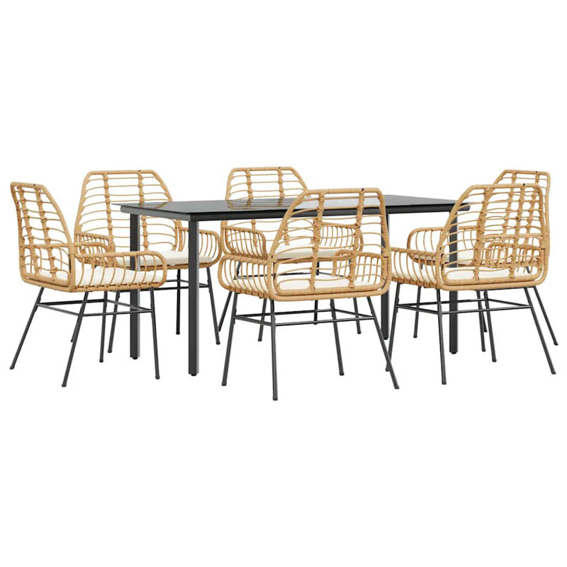 Ensemble repas de patio avec coussins en verre et poly rotin, Blanc / Brun, H 29,1 po x l 31,5 po x L 63 po, 6