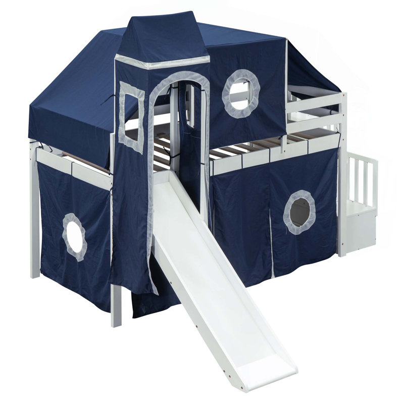 Lit mezzanine avec tente et tour, Bleu, Lit simple