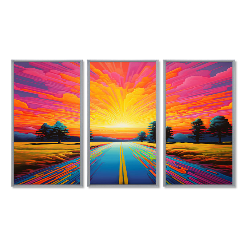 Glorious Sunset Country Road Trees - ensemble d'art mural paysage, H 28 po x l 36 po x P 1 po, Encadrement argenté