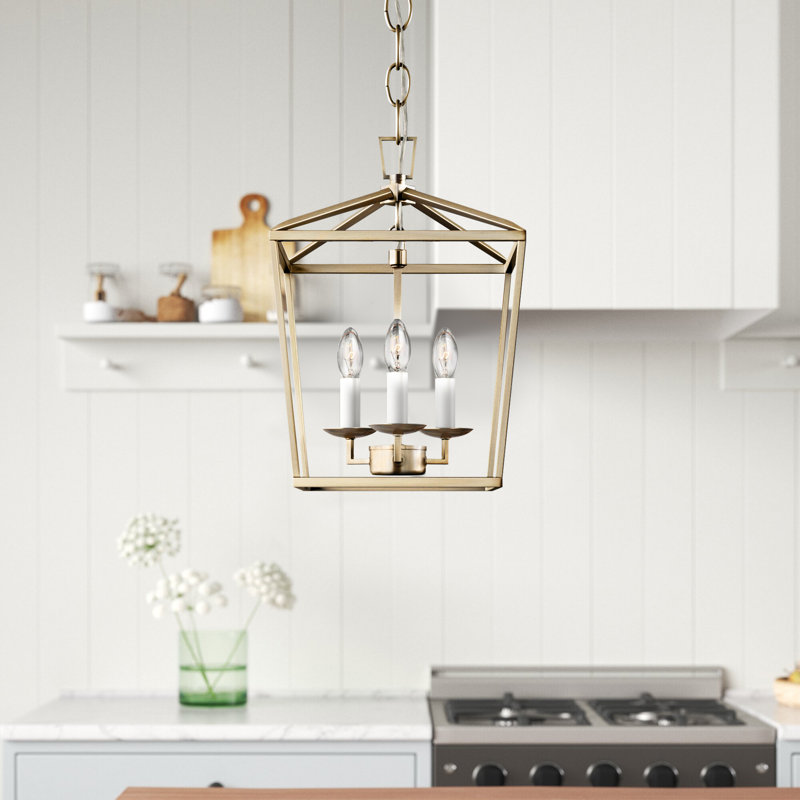 Finnegan 3-Light Dimmable Steel Geometric Lantern Chandelier, Satin Brass