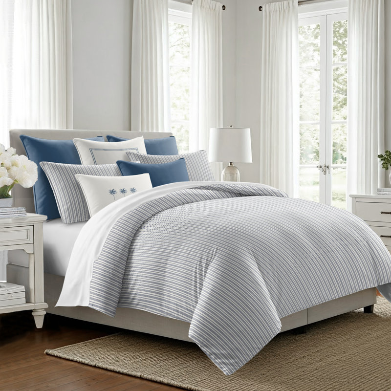 Pacific Stripe Reversible Cotton Duvet Cover Set, Denim, Queen Duvet Cover + 2 Queen Shams