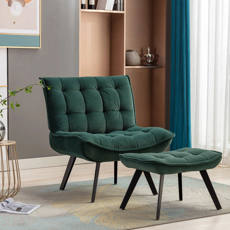 Bayaud Velvet Lounge Chair With Footstool, Green