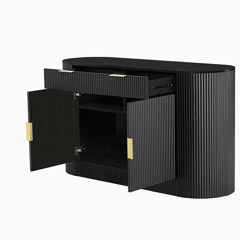 Armoire de rangement moderne - 2 portes et 2 tiroirs, buffet en panneau de fibres à densité moyenne avec poignées en aluminium, porte latérale incurvée et tablettes à 3 niveaux, armoire de buffet pour le salon, la chambre à coucher