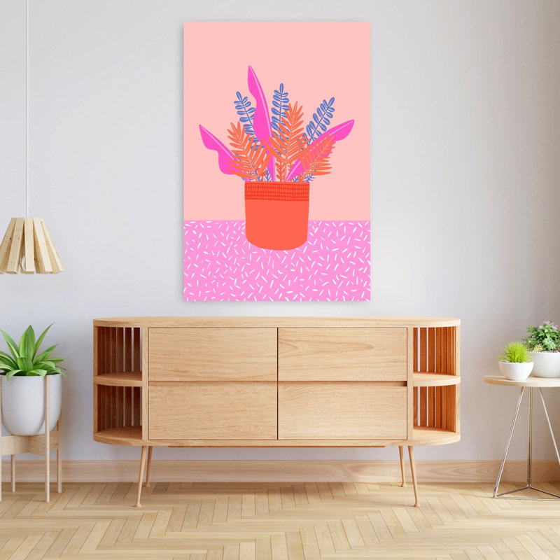 Feuilles roses et bleues, art moderne abstrait, H 48 po x l 32 po