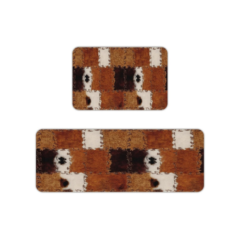 Brown White Cowhide Patchwork Kitchen Mats, 2-Piece Set Rustic Rugs For Kitchen & Cabin