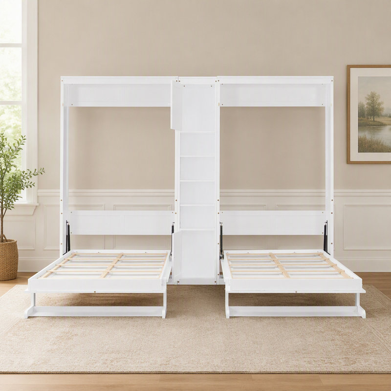 Lits simples escamotables doubles avec armoires et tablettes, White