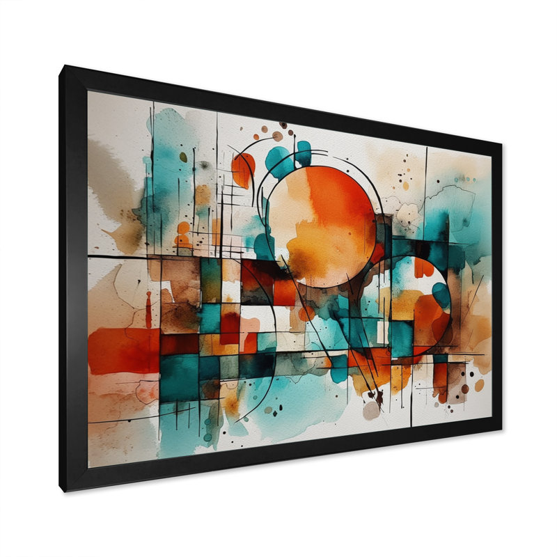 Orange orange géométrique - art mural abstrait géométrique, Cadre simple noir, H 16 po x l 32 po x P 1 po
