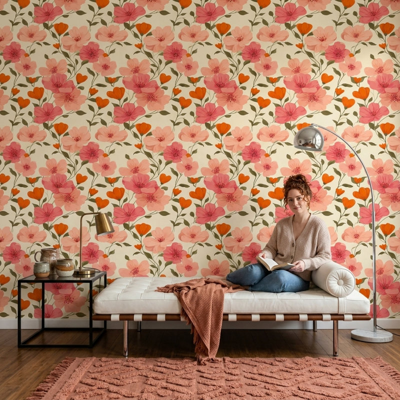 Papier peint floral Botanique amovible double fleurs murales roses, Peler et coller
