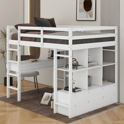 Full Loft Bed With Built-In Desk With Two Drawers, Storage Shelves And Drawers