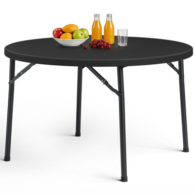 48 Inch Round Folding Table,Heavy Duty Plastic Dining Table,Foldable Metal Leg, Portable Indoor Outdoor Party Banquet Table,Black