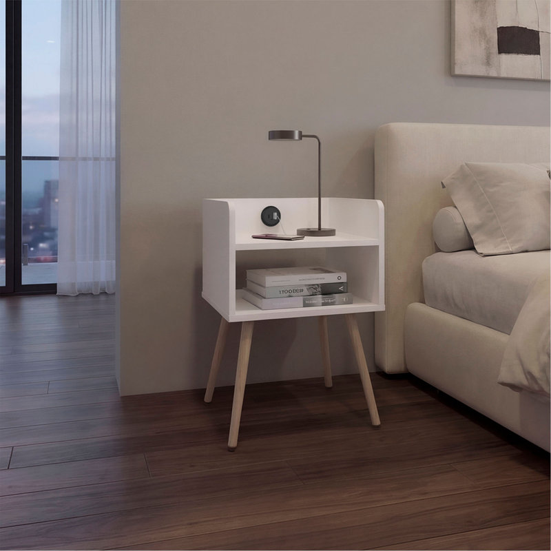 Table de chevet avec port USB, 2 tablettes, Blanc