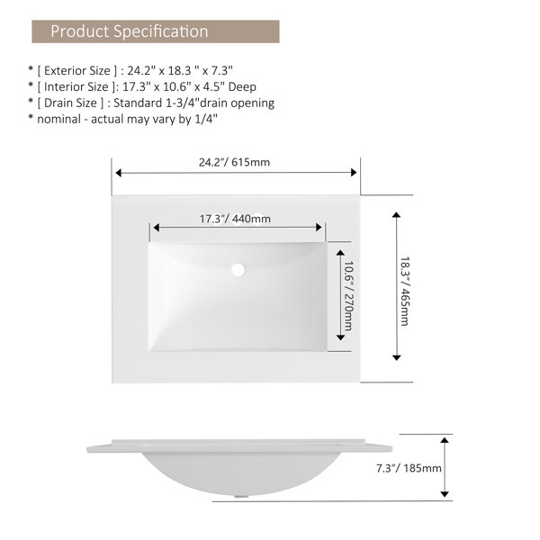 DeerValley 36" Rectangular Single Bathroom Vanity Top In White With