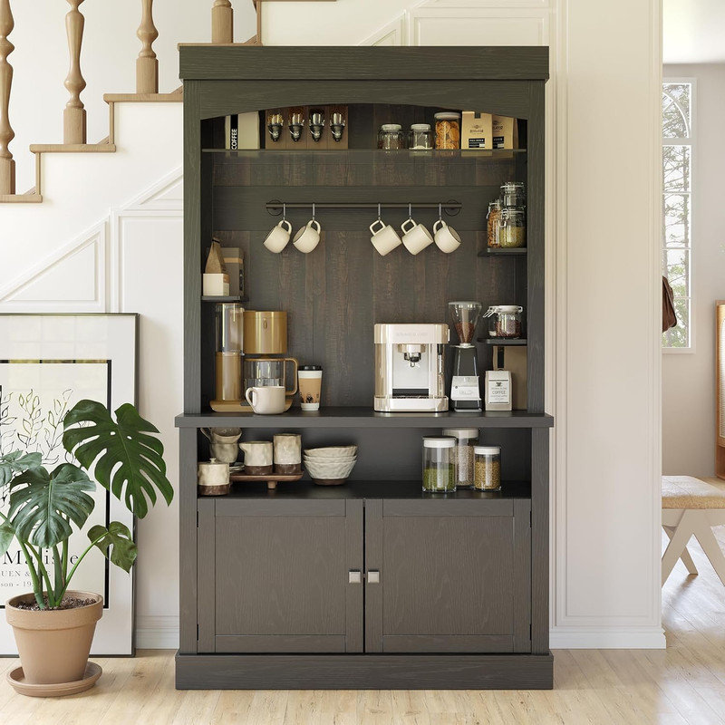 72" Farmhouse Coffee Bar Cabinet with LED Lights, Wine Rack & Glass Shelves, Large Kitchen Sideboard for Living Room, Dining Room