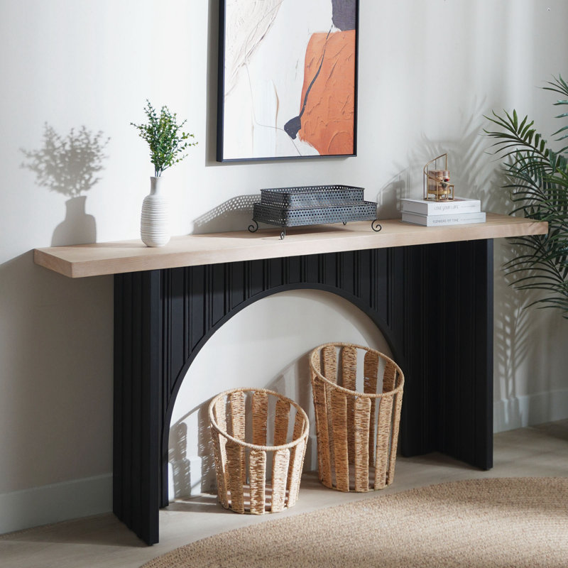Console moderne minimaliste avec base en arche noire et plateau en bois naturel, console de 66 po de longueur