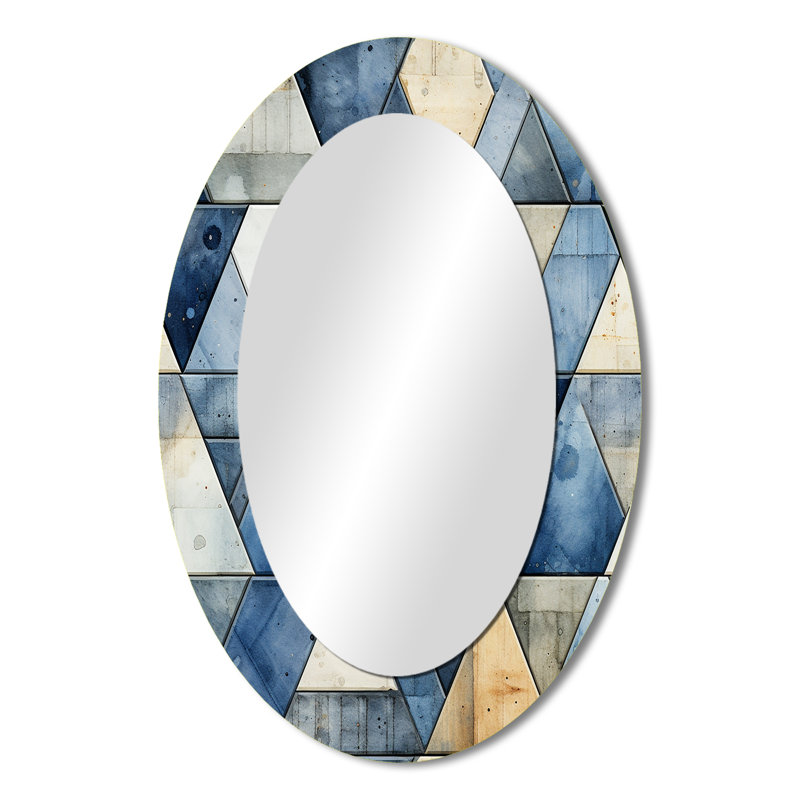 Rustic Cobalt Triangle Symphony - Grand miroir mural ovale sur métal, 36 po x 24 po