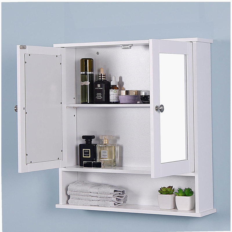 Armoire de salle de bain murale blanche avec 2 portes miroir et tablette réglable
