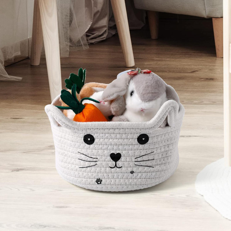 Panier de rangement pour chat tissé avec des oreilles et un jouet décoratif pour animal de compagnie, Blanc