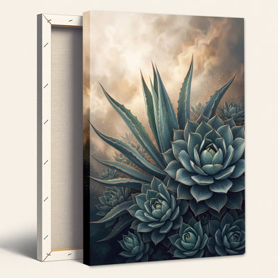 «Blue Succulents and Agave Leaves with Gold Outline», art mural sur toile
