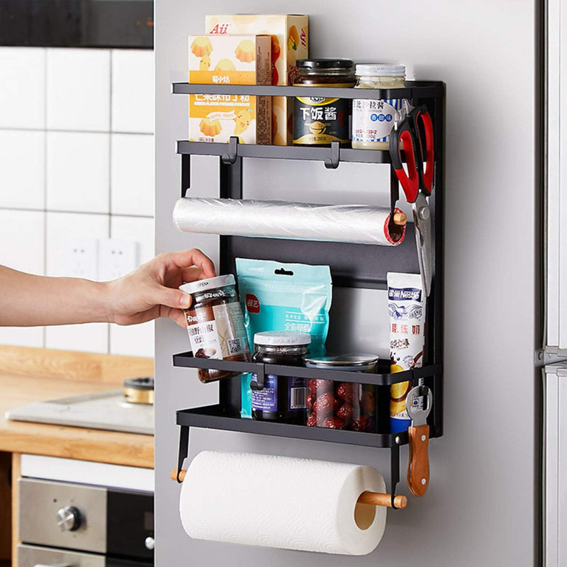 Support à épices magnétique, étagère de cuisine magnétique à 4 niveaux pour organisateur de réfrigérateur avec 2 porte-serviettes en papier et 5 crochets amovibles, noir mat