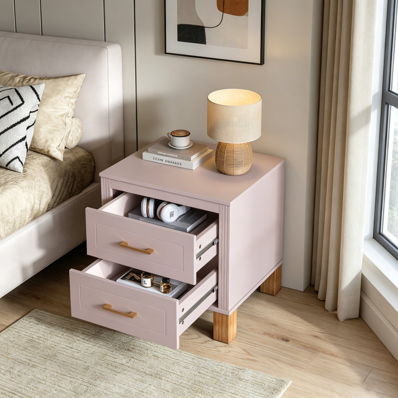 Table de chevet 2 tiroirs au design cannelé élégant, avec rangement en bois de qualité supérieure et pieds en bois massif, idéale pour la chambre à coucher et le salon