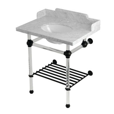 Kingston Brass Pemberton 30-Inch Carrara Marble Console Sink with Acrylic Legs and Shelf (8-Inch, 3-Hole)