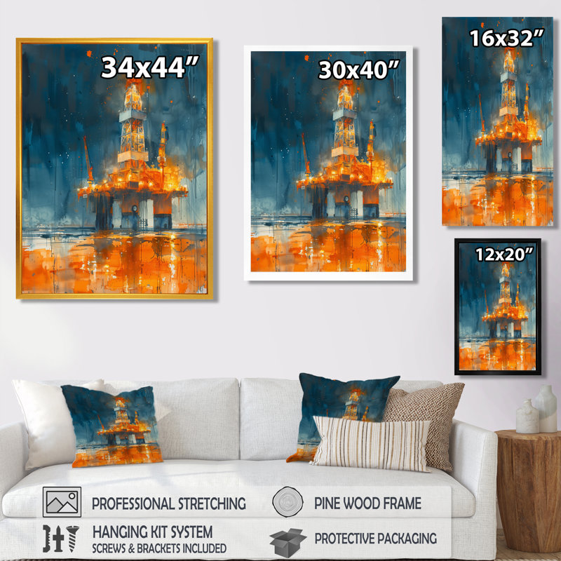 Orange orange, plate-forme de pétrole alimentant le futur, Toile encadrée noire simple, H 30 po x l 40 po x P 1,5 po