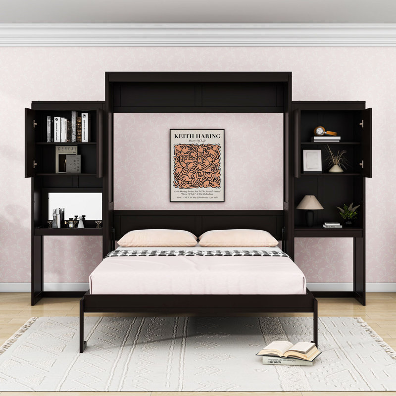 Grand lit escamotable avec bureau, coiffeuse et tablettes, Espresso