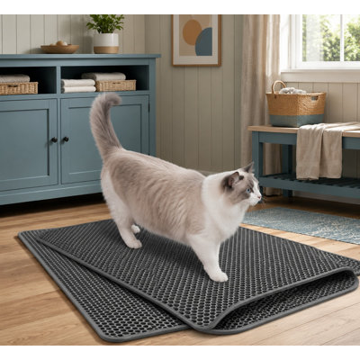 Two 30 x 24 in gray double-layer litter trapping mats with waterproof and urine-proof construction.