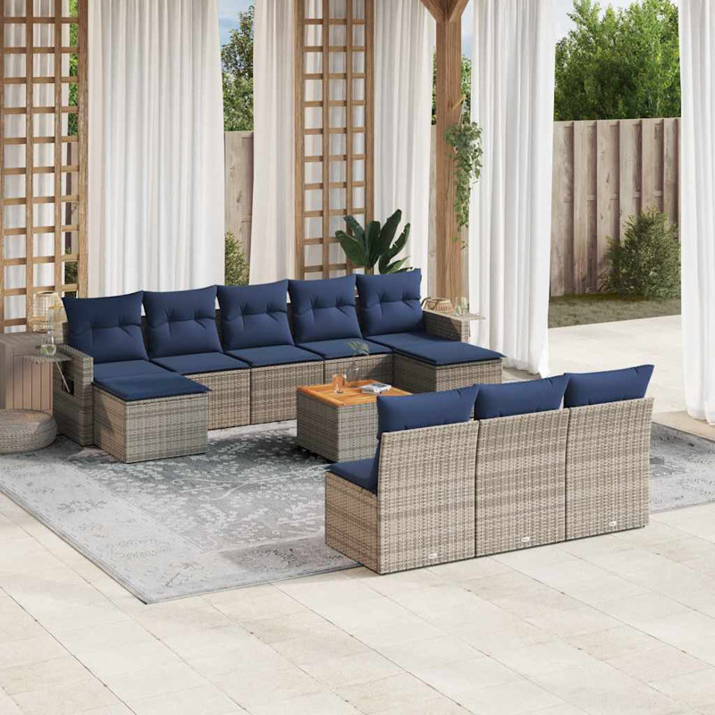 Ensemble de canapé de patio 11 pièces avec coussins en rotin de polyester, Gris, Bleu très foncé