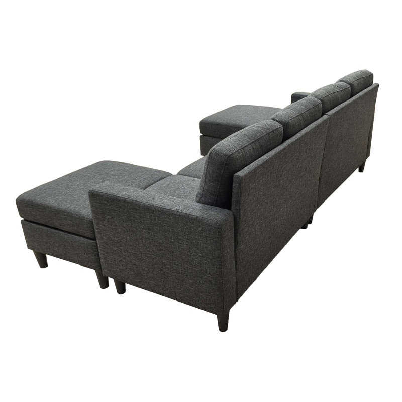 Canapé modulaire en lin rembourré avec 2 repose-pieds, Lin - noir anthracite