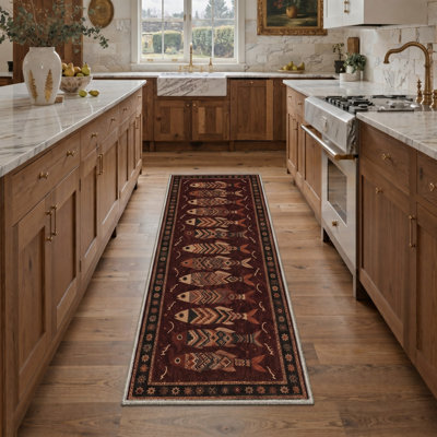 Tapis de couloir oriental rouge / brun clair avec passe-partout Fish