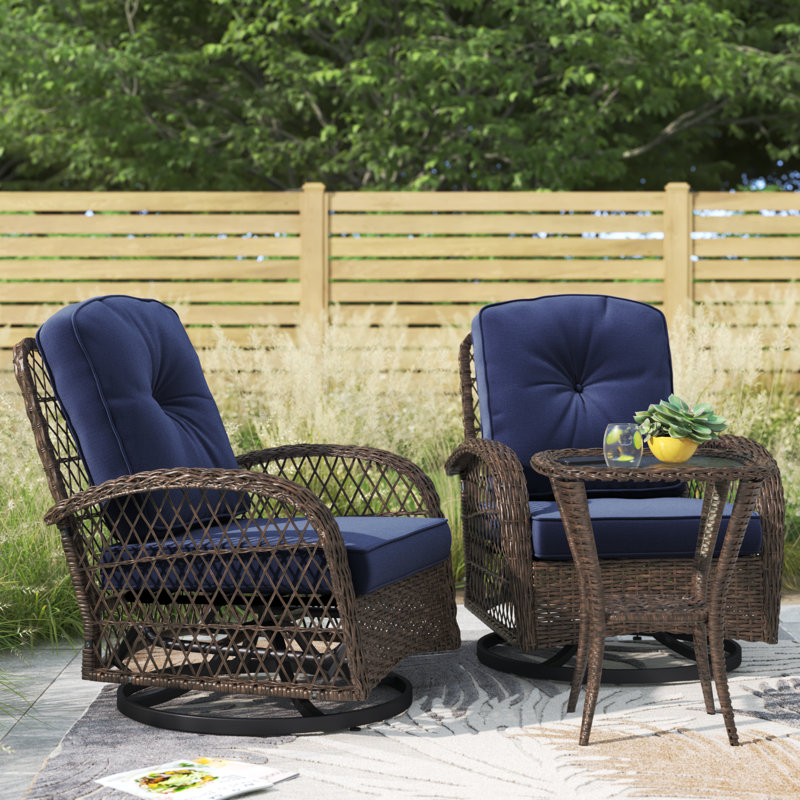 Denison 2-Person Outdoor Seating Group, Wicker Swivel Chairs with Cushions and Side Table, Blue