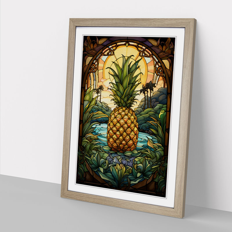 XYZ-FRM-V1223-5179 Pineapple Nouveau - Single Picture Frame Print on Wood, 34cm H x 25cm W x 2cm D, Oak
